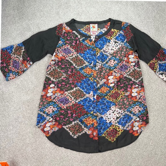 Johnny Was XS Floral Patchwork Blouse Button Down‎ Bohemian Tunic Top Western - Picture 2 of 13